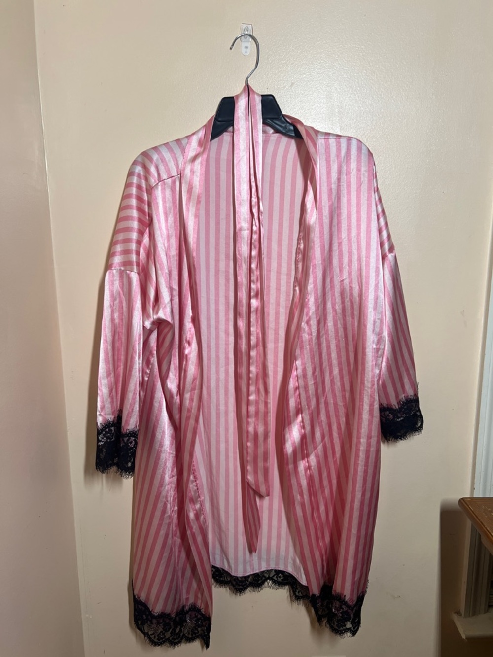 Pink Satin Striped Kimono Robe with Black Lace Trim
